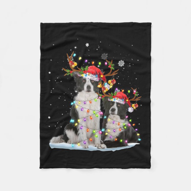 Border Collie Reindeer Santa Hat Xmas Lights Chris Fleece Blanket (Front)