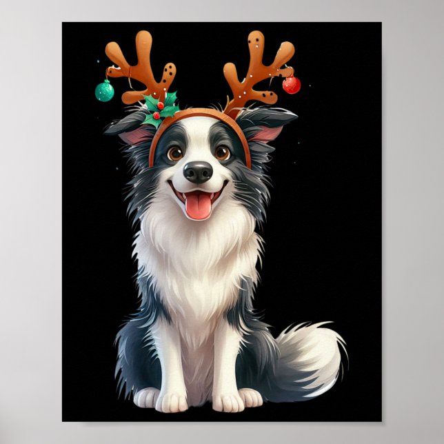 Border Collie Reindeer Santa Hat Xmas Lights Chris Poster (Front)