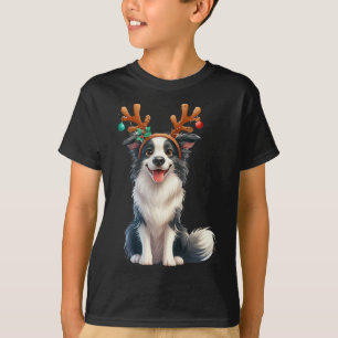 Border Collie Reindeer Santa Hat Xmas Lights Chris T-Shirt