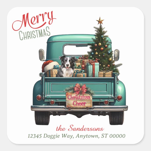 Border Collie Retro Truck Christmas Square Sticker (Front)