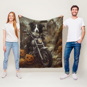 Border Collie Riding Motorcycle Halloween Scary Fleece Blanket