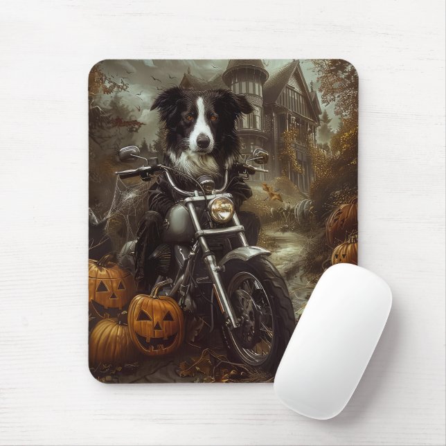 Border Collie Riding Motorcycle Halloween Scary Mouse Mat (With Mouse)