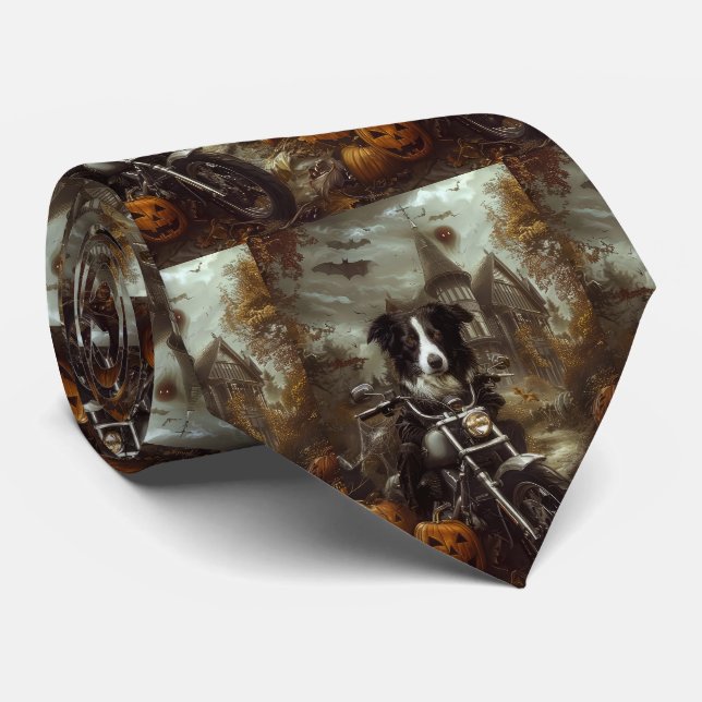 Border Collie Riding Motorcycle Halloween Scary Tie (Rolled)