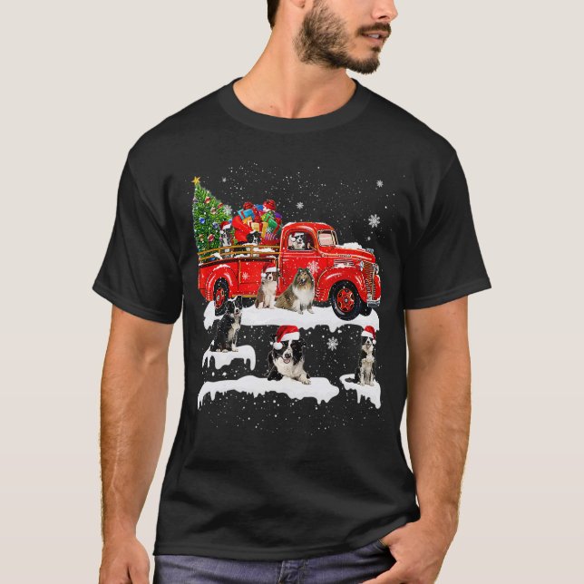 Border Collie Riding Red Truck Xmas Merry T-Shirt (Front)