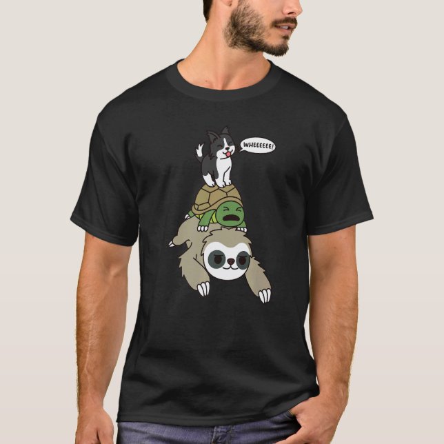 Border Collie Riding Sloth Tortoise Dog T-Shirt (Front)