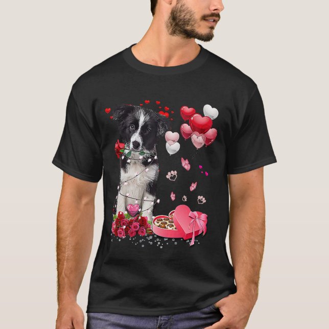 Border Collie Rose Heart Happy Valentine Day Dog M T-Shirt (Front)