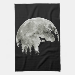 Border Collie silhouette On Mountain Halloween Dog Tea Towel