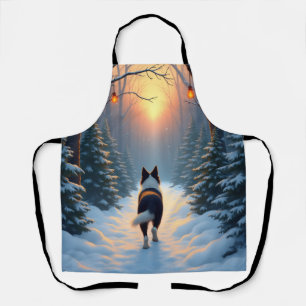 Border Collie Snowy Forest Walk Holiday Painting Apron