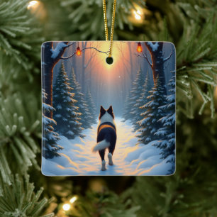 Border Collie Snowy Forest Walk Holiday Painting Ceramic Ornament