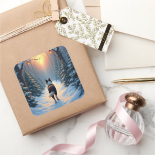 Border Collie Snowy Forest Walk Holiday Painting Square Sticker