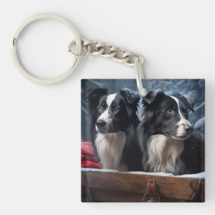 Border Collie Snowy Sleigh Christmas Decor  Key Ring