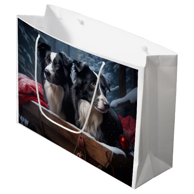 Border Collie Snowy Sleigh Christmas Decor  Large Gift Bag (Front Angled)