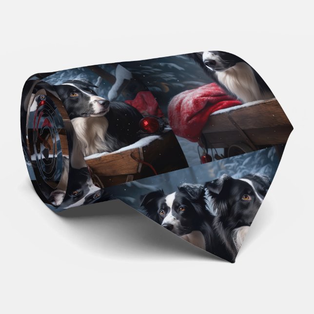Border Collie Snowy Sleigh Christmas Decor  Tie (Rolled)