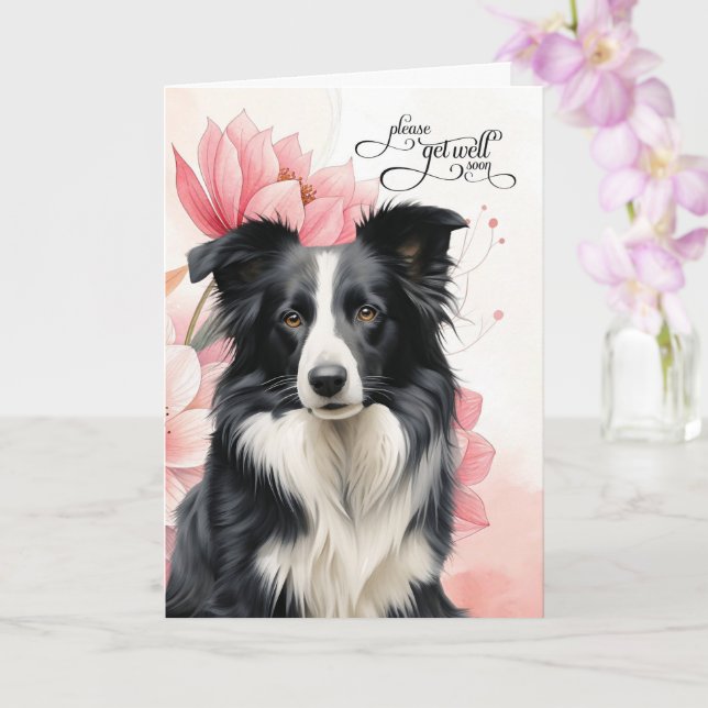 Border Collie Soft Pink Botanical Blooms Get Well Card (Orchid)