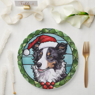 Border Collie Stained Glass Christmas Paper Plate