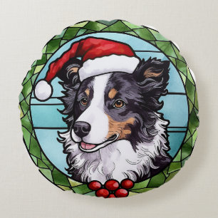 Border Collie Stained Glass Christmas Round Cushion