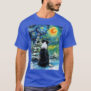 Border Collie Starry Night Winter Snow Dog Art by T-Shirt
