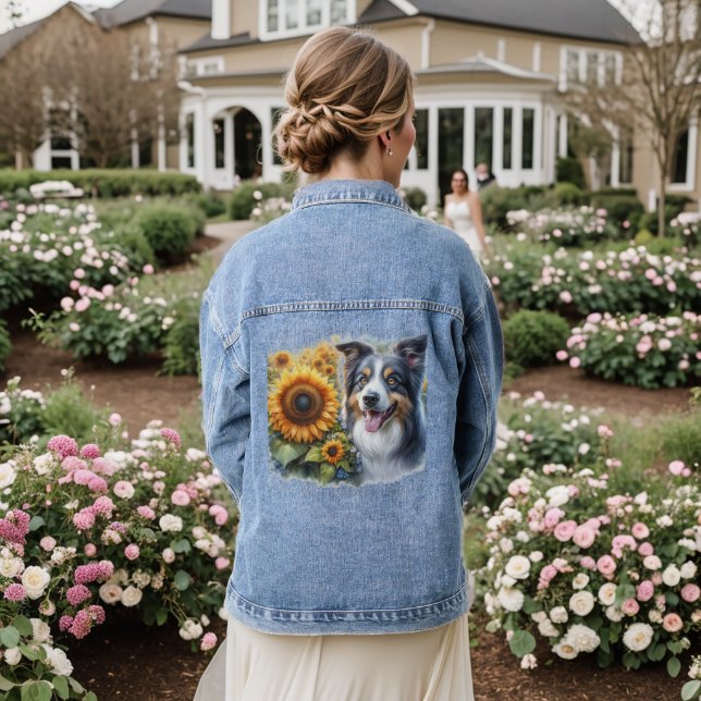 Border Collie Sunflower Dog Lover Denim Jacket (Wedding Back)