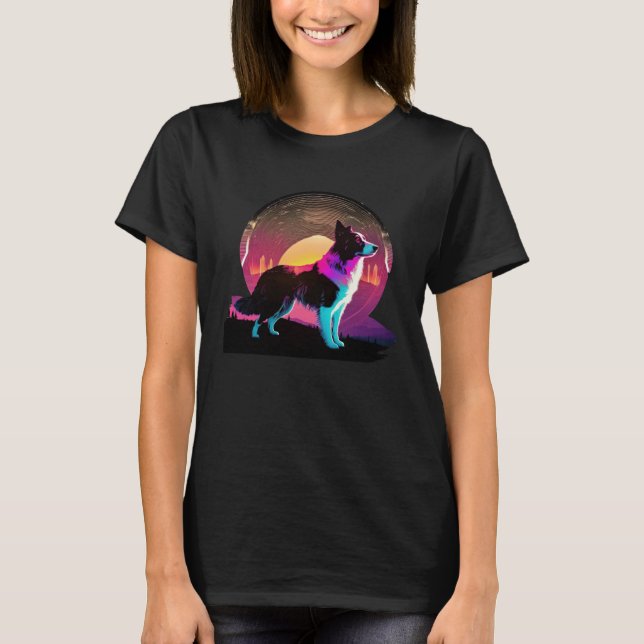 Border Collie Synthwave 80s Retrowave Aesthetic T-Shirt (Front)