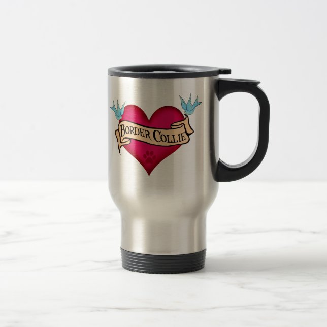 Border Collie Tattoo Heart Travel Mug (Right)
