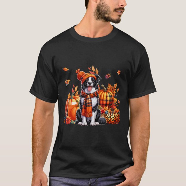 Border Collie Thanksgiving Leopard Pumpkins Fall L T-Shirt (Front)