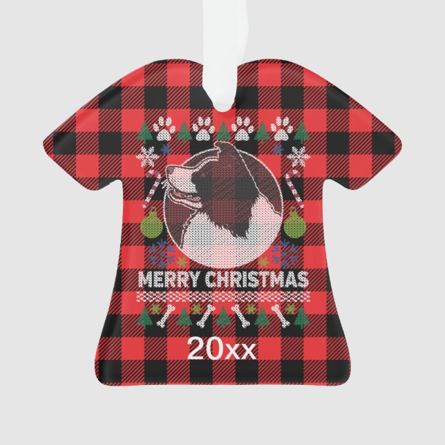 Border Collie Ugly Christmas Sweater Red Plaid Ornament (Front)