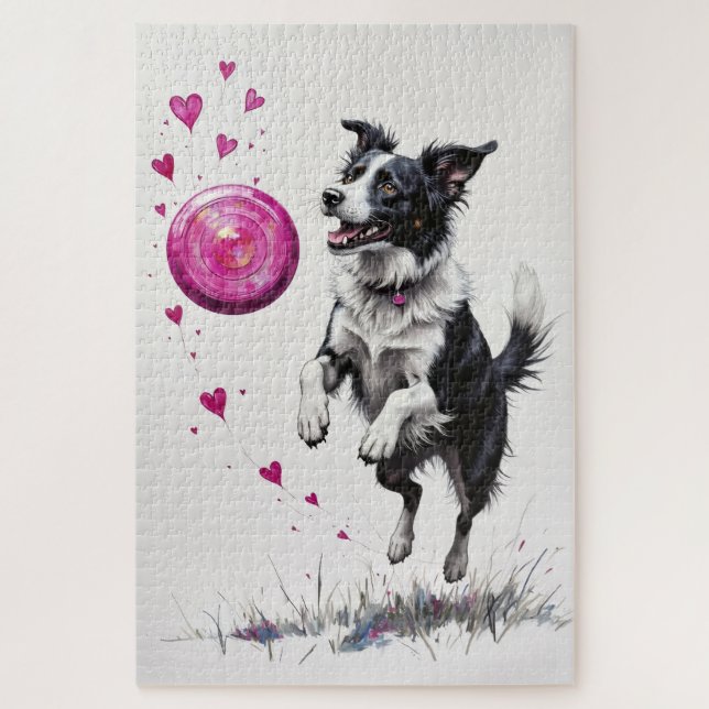 Border Collie Valentine's Day Heart Disc Catch Jigsaw Puzzle (Vertical)