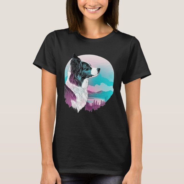 Border Collie Vaporwave Retrowave Aesthetic T-Shirt (Front)