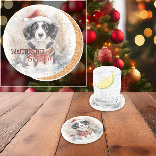 Border Collie Waiting For Santa Watercolor Coaster