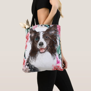 Border collie watercolor dog face rose art tote bag