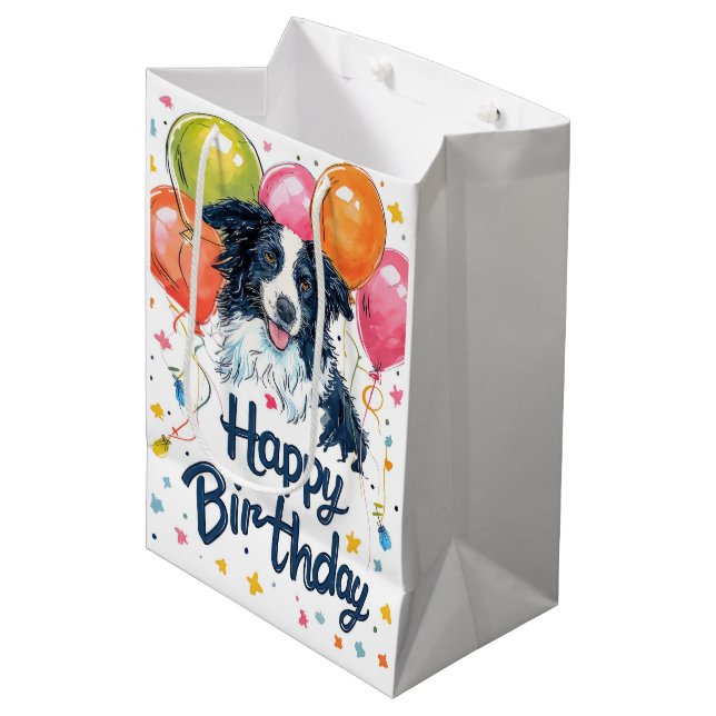 Border Collie with Balloons Medium Gift Bag (Front Angled)