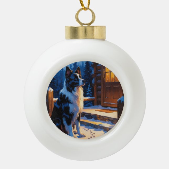 Border Collie With Christmas Lights Holiday Ceramic Ball Christmas Ornament (Front)