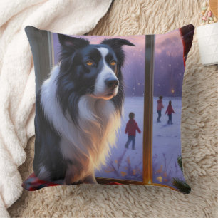 Border Collie With Christmas Lights Holiday Cushion