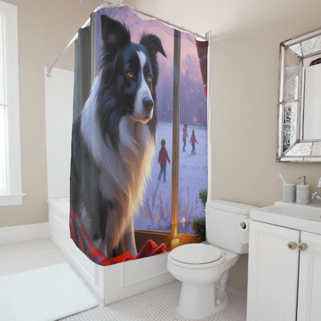 Border Collie With Christmas Lights Holiday Shower Curtain (In Situ)