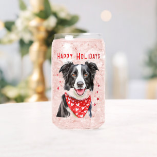 Border Collie with Red Heart Bandanna Christmas Can Glass