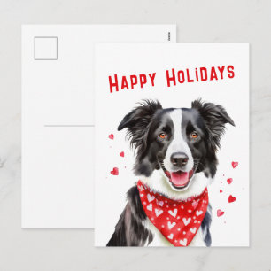 Border Collie with Red Heart Bandanna Christmas Holiday Postcard