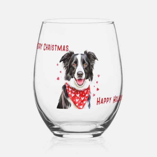 Border Collie with Red Heart Bandanna Christmas Stemless Wine Glass (Front)