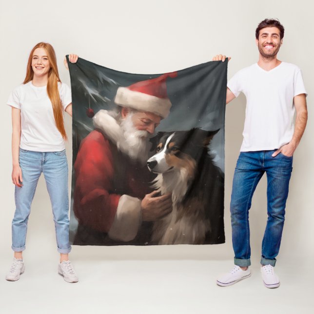 Border Collie With Santa Claus Festive Christmas Fleece Blanket (In Situ)