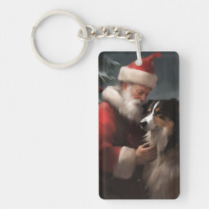 Border Collie With Santa Claus Festive Christmas Key Ring
