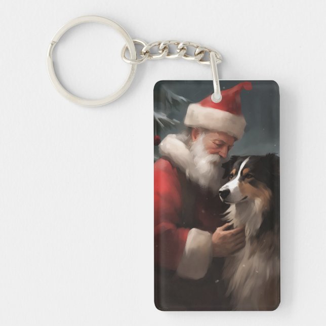 Border Collie With Santa Claus Festive Christmas Key Ring (Front)