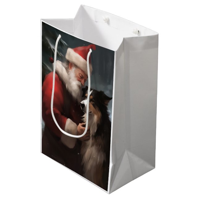 Border Collie With Santa Claus Festive Christmas Medium Gift Bag (Front Angled)