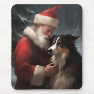 Border Collie With Santa Claus Festive Christmas Mouse Mat