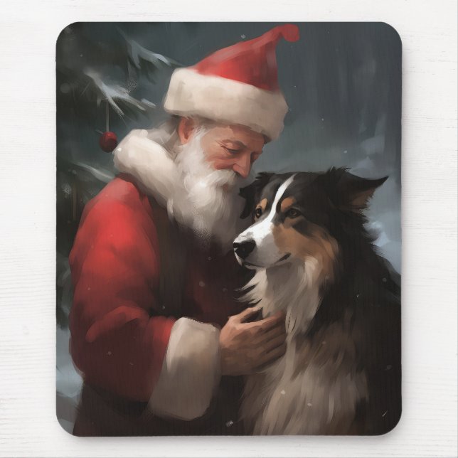 Border Collie With Santa Claus Festive Christmas Mouse Mat (Front)