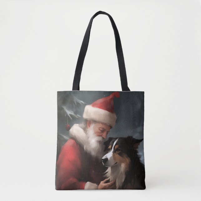 Border Collie With Santa Claus Festive Christmas Tote Bag (Front)