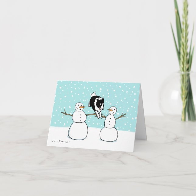 Border Collie with Snowmen | Dog Agility Christmas Holiday Card (Front)