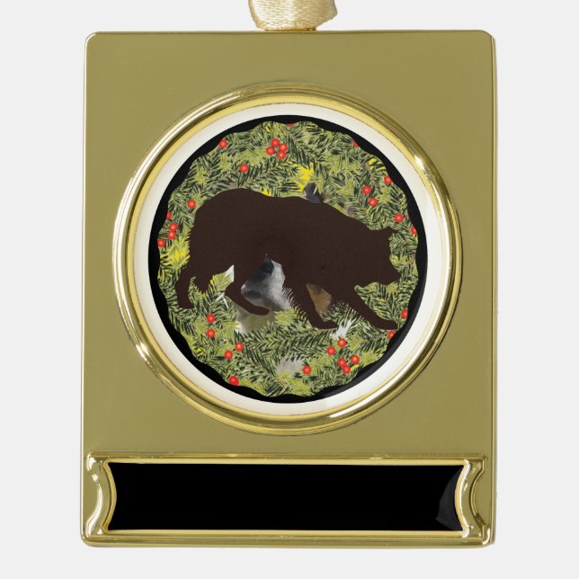 Border Collie Wreath Gold Plated Banner Ornament (Front)