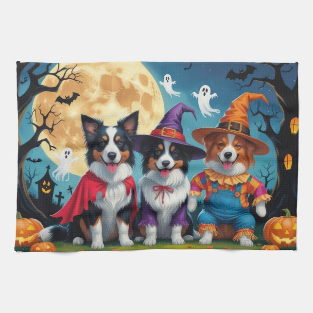 Border Collies Dogs Pumpkin Halloween Funny Tea Towel (Horizontal)