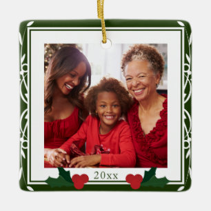 Border Green White Holly Family Christmas  Ceramic Ornament