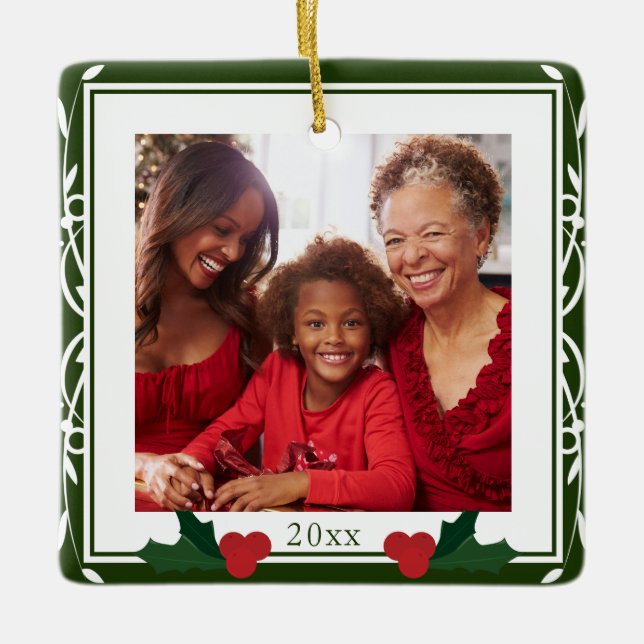 Border Green White Holly Family Christmas  Ceramic Ornament (Front)