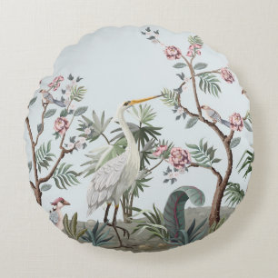 Border in chinoiserie style with storks and peonie round cushion